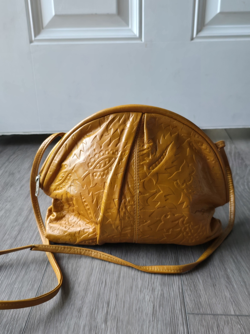 Vintage Barganza Mustard Yellow Embossed Leather Half Moon Crossbody Bag Boho